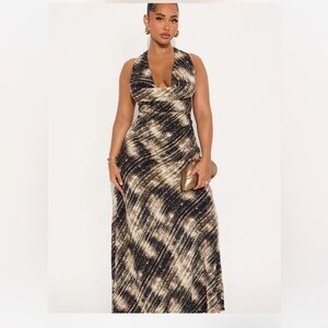 Fashion Nova Black & Gold Cowl Neck Maxi Dress
